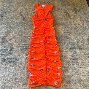 Ganni Vibrant Orange Ruched Midi Dress with Floral Motif